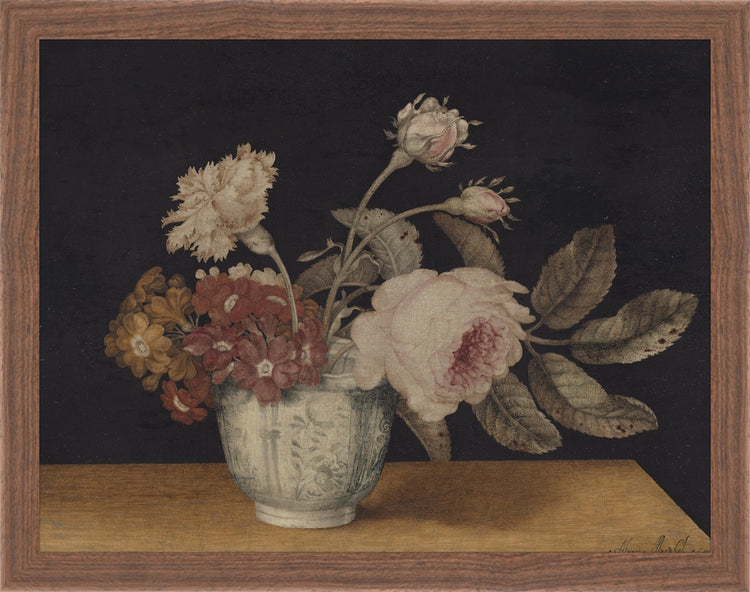 Framed Vintage Vase of Flowers. Frame: Dark Walnut. Paper: Rag Paper. Art Size: 10x13. Final Size: 11'' X 14''