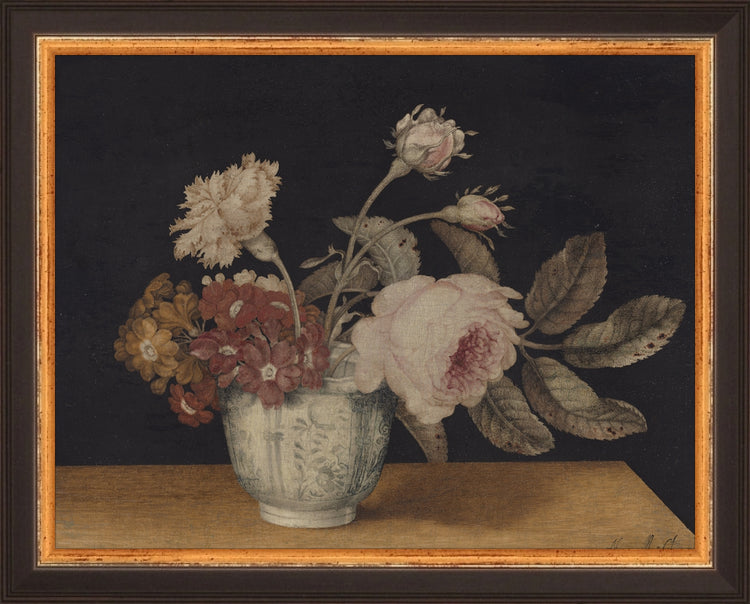 Framed Vintage Vase of Flowers. Frame: Traditional Black and Gold. Paper: Rag Paper. Art Size: 7x9. Final Size: 8'' X 10''