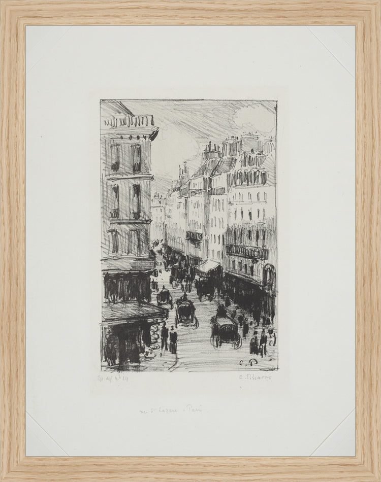 Framed Paris Streets. Frame: Natural Oak. Paper: Rag Paper. Art Size: 13x10. Final Size: 14'' X 11''