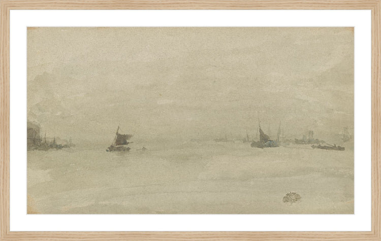 Framed Misty Sea. Frame: Natural Oak. Paper: Rag Paper. Art Size: 15x26. Final Size: 19'' X 30''