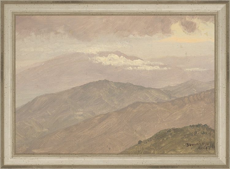 Framed Vintage Mountainscape. Frame: Traditional Silver. Paper: Rag Paper. Art Size: 7x10. Final Size: 8'' X 11''