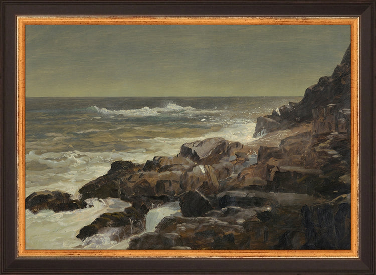 Framed Seashore. Frame: Traditional Black and Gold. Paper: Rag Paper. Art Size: 7x10. Final Size: 8'' X 11''