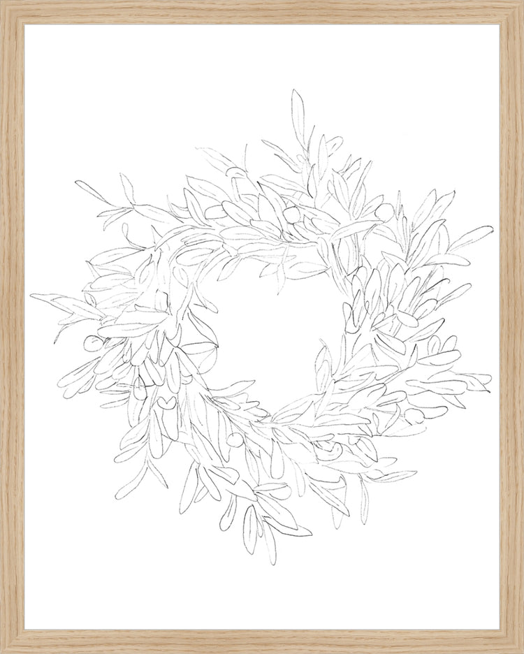 Framed OLIVE WREATH. Frame: Natural Oak. Paper: Rag Paper. Art Size: 19x15. Final Size: 20'' X 16''