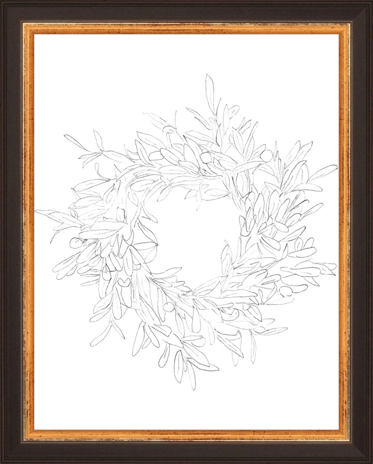 Framed OLIVE WREATH. Frame: Traditional Black and Gold. Paper: Rag Paper. Art Size: 9x7. Final Size: 10'' X 8''