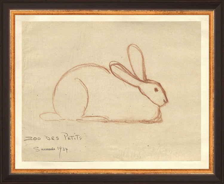 Framed Bunny. Frame: Traditional Black and Gold. Paper: Rag Paper. Art Size: 8x10. Final Size: 9'' X 11''