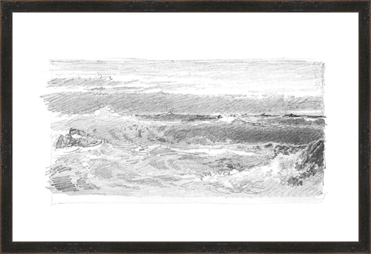 Framed Seascape 5. Frame: Distressed Black. Paper: Rag Paper. Art Size: 14x21. Final Size: 15'' X 22''