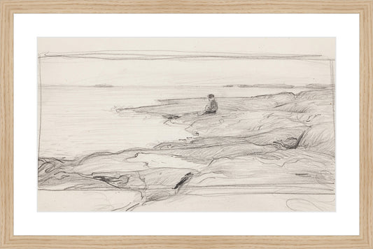 Framed Seascape Sketch. Frame: Natural Oak. Paper: Smooth Paper. Art Size: 10x17. Final Size: 14'' X 21''