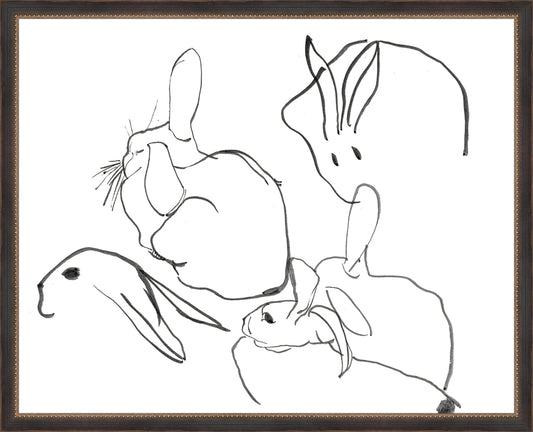 Framed Rabbits. Frame: Traditional Black and Gold Beaded. Paper: Rag Paper. Art Size: 16x20. Final Size: 17'' X 21''
