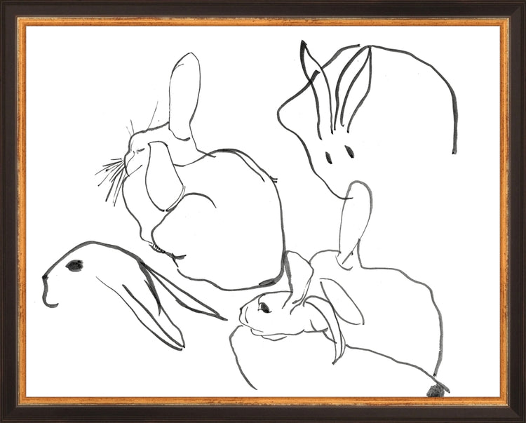 Framed Rabbits. Frame: Traditional Black and Gold. Paper: Rag Paper. Art Size: 11x14. Final Size: 12'' X 15''