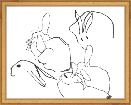 Framed Rabbits. Frame: Traditional Gold. Paper: Rag Paper. Art Size: 11x14. Final Size: 12'' X 15''