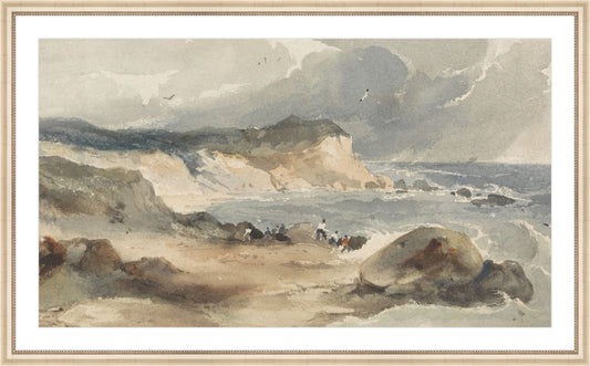 Framed Watercolor Moody Beach. Frame: Ivory Beaded. Paper: Smooth Paper. Art Size: 17x30. Final Size: 21'' X 34''