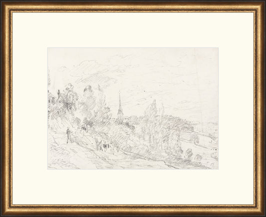 Framed Promenade Drawing II. Frame: Distressed Gold and Black. Paper: Rag Paper. Art Size: 10x14. Final Size: 17'' X 21''