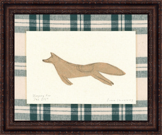 Framed Jumping Fox. Frame: Florence Walnut. Paper: Rag Paper. Art Size: 12x15. Final Size: 14'' X 17''