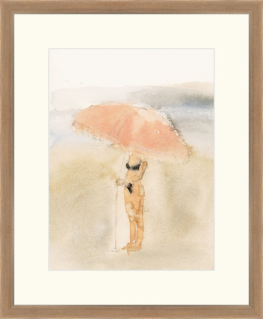 Uploaded Art:girl at the beach under umbrella copia.jpg. Frame: Coffee. Paper: Rag Paper. Art Size: 12x9. Final Size: 17'' X 14''