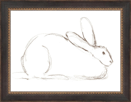 Framed Bunny Charcoal Sketch. Frame: Traditional Black and Gold Beaded. Paper: Rag Paper. Art Size: 6x8. Final Size: 7'' X 9''