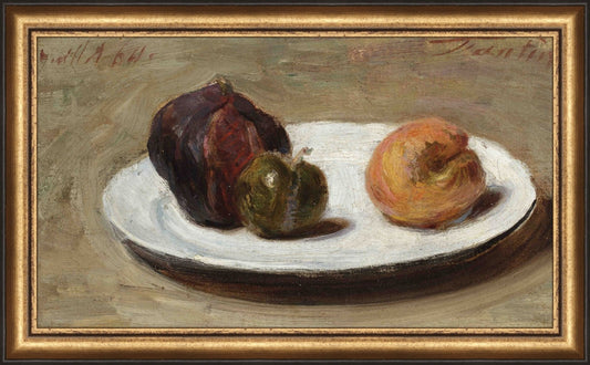 Framed Loose Fruits Still Life. Frame: Distressed Gold and Black. Paper: Rag Paper. Art Size: 8x14. Final Size: 9'' X 15''