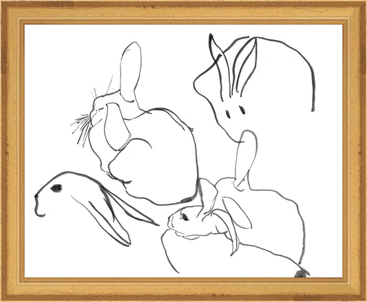 Framed Rabbits. Frame: Traditional Gold. Paper: Rag Paper. Art Size: 8x10. Final Size: 9'' X 11''