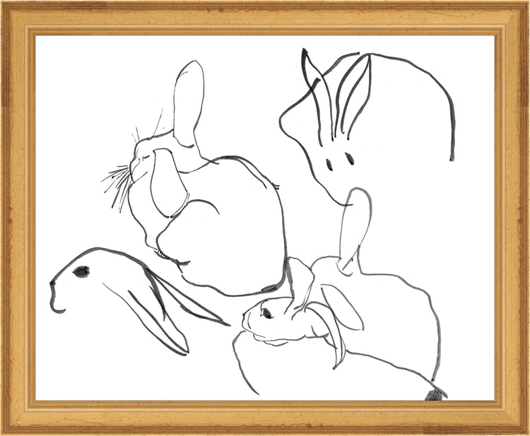 Framed Rabbits. Frame: Traditional Gold. Paper: Rag Paper. Art Size: 8x10. Final Size: 9'' X 11''