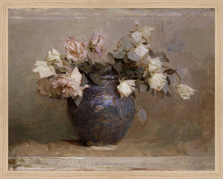 Framed Vase of Roses. Frame: Natural Oak. Paper: Rag Paper. Art Size: 15x19. Final Size: 16'' X 20''