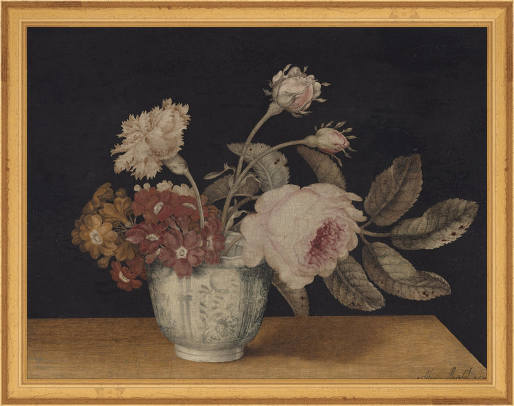 Framed Vintage Vase of Flowers. Frame: Traditional Gold. Paper: Rag Paper. Art Size: 10x13. Final Size: 11'' X 14''
