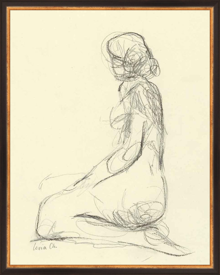 Framed Seated Figure Study. Frame: Traditional Black and Gold. Paper: Rag Paper. Art Size: 19x15. Final Size: 20'' X 16''
