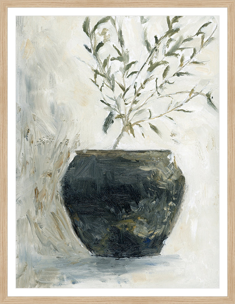 Framed Still Life Olive Tree. Frame: Natural Oak. Paper: Smooth Paper. Art Size: 28x21. Final Size: 31'' X 24''