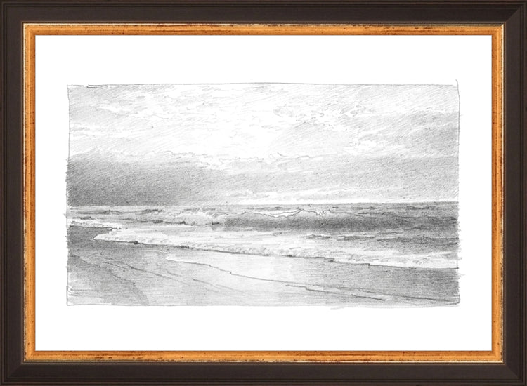Framed Seascape 2. Frame: Traditional Black and Gold. Paper: Rag Paper. Art Size: 7x10. Final Size: 8'' X 11''