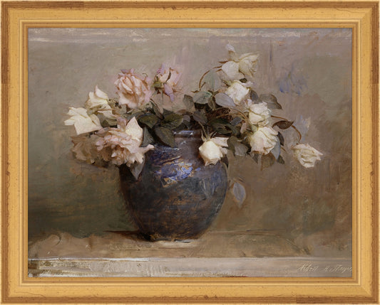 Framed Vase of Roses. Frame: Traditional Gold. Paper: Rag Paper. Art Size: 7x9. Final Size: 8'' X 10''