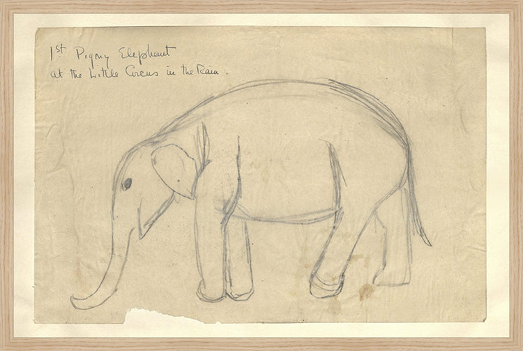 Framed Elephant. Frame: Natural Oak. Paper: Rag Paper. Art Size: 19x29. Final Size: 20'' X 30''