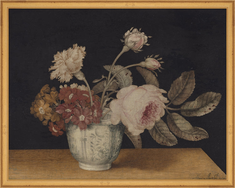 Framed Vintage Vase of Flowers. Frame: Traditional Gold. Paper: Rag Paper. Art Size: 15x19. Final Size: 16'' X 20''