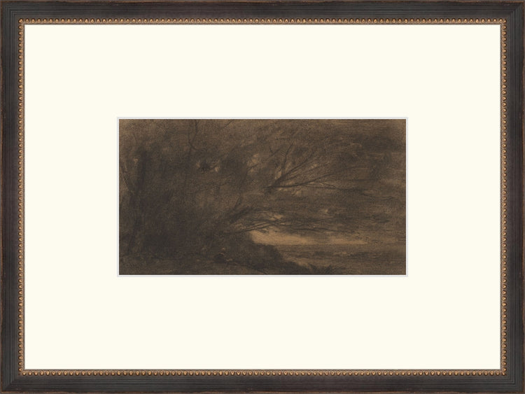 Framed Charcoal Forest. Frame: Traditional Black and Gold Beaded. Paper: Rag Paper. Art Size: 5x9. Final Size: 12'' X 16''