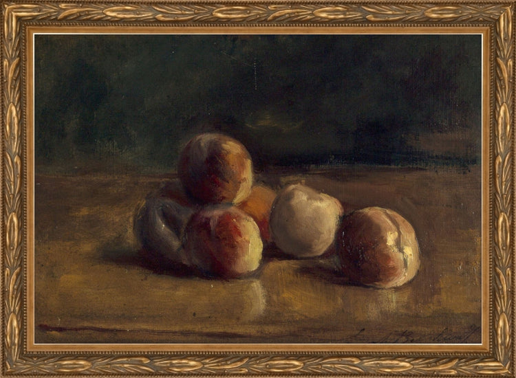 Framed Still Life Peaches. Frame: Embellished Antique Gold. Paper: Stretched Canvas. Art Size: 7x10. Final Size: 8'' X 11''