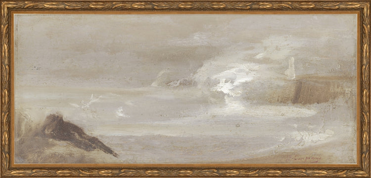 Framed Antique Seascape. Frame: Embellished Antique Gold. Paper: Rag Paper. Art Size: 8x18. Final Size: 9'' X 19''