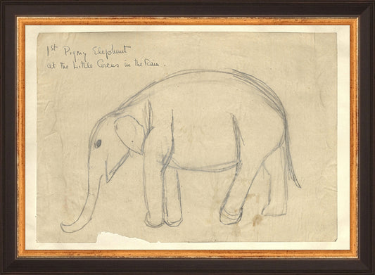 Framed Elephant. Frame: Traditional Black and Gold. Paper: Rag Paper. Art Size: 7x10. Final Size: 8'' X 11''