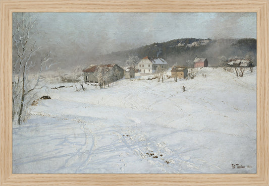 Framed Village. Frame: Natural Oak. Paper: Rag Paper. Art Size: 10x15. Final Size: 11'' X 16''