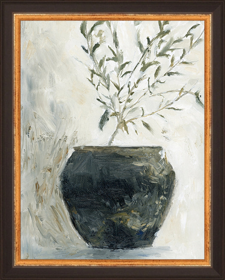 Framed Still Life Olive Tree. Frame: Traditional Black and Gold. Paper: Rag Paper. Art Size: 9x7. Final Size: 10'' X 8''
