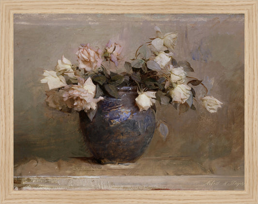 Framed Vase of Roses. Frame: Natural Oak. Paper: Rag Paper. Art Size: 10x13. Final Size: 11'' X 14''