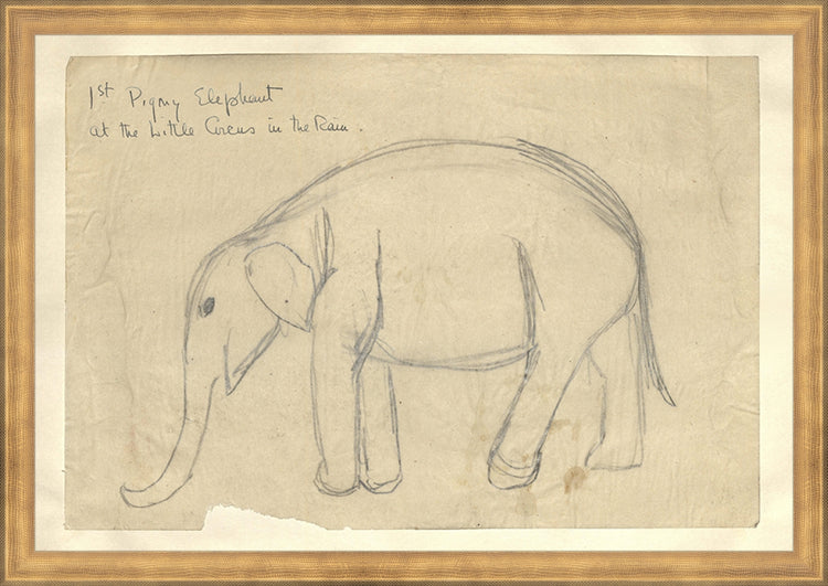Framed Elephant. Frame: Timeless Gold. Paper: Rag Paper. Art Size: 13x19. Final Size: 14'' X 20''