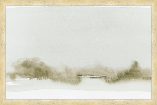 Framed MUTED LANDSCAPE. Frame: Brushed Gold. Paper: Watercolor Paper. Art Size: 13x20. Final Size: 14'' X 21''