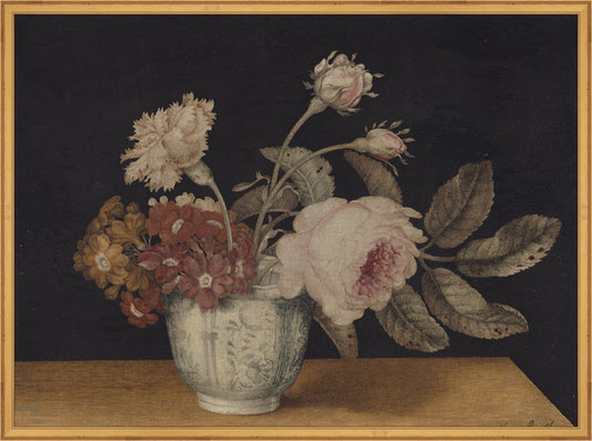 Framed Vintage Vase of Flowers. Frame: Traditional Gold. Paper: Rag Paper. Art Size: 22x30. Final Size: 23'' X 31''