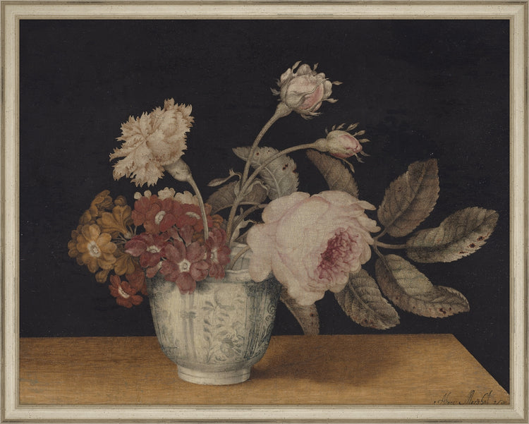 Framed Vintage Vase of Flowers. Frame: Traditional Silver. Paper: Rag Paper. Art Size: 15x19. Final Size: 16'' X 20''