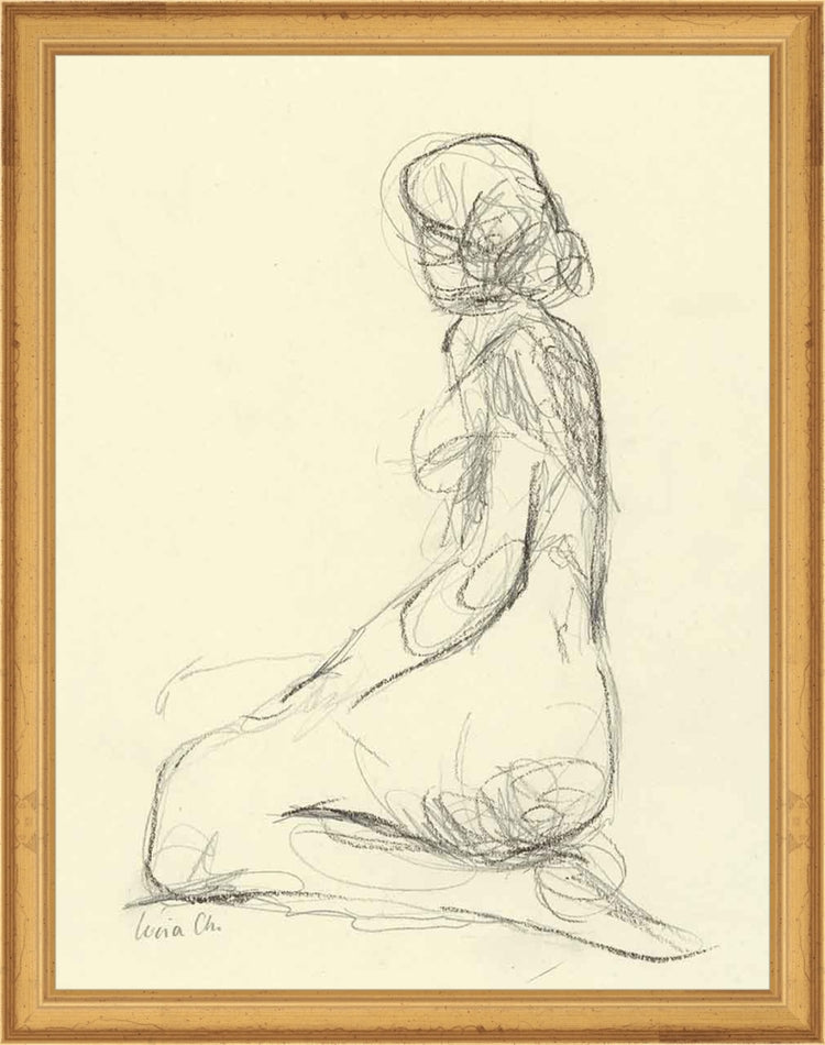 Framed Seated Figure Study. Frame: Traditional Gold. Paper: Rag Paper. Art Size: 13x10. Final Size: 14'' X 11''