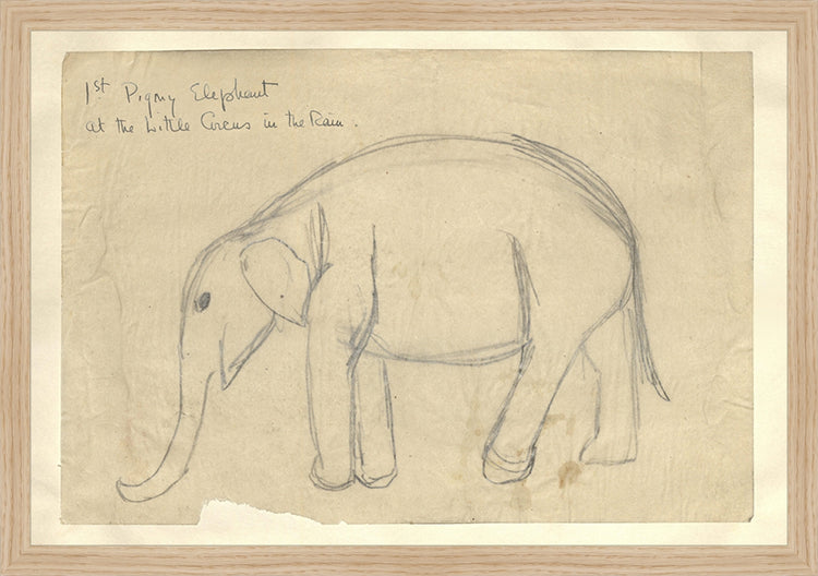Framed Elephant. Frame: Natural Oak. Paper: Rag Paper. Art Size: 13x19. Final Size: 14'' X 20''