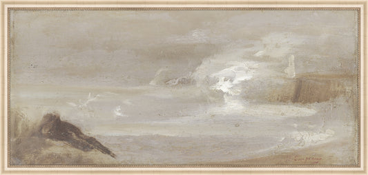 Framed Antique Seascape. Frame: Ivory Beaded. Paper: Rag Paper. Art Size: 14x31. Final Size: 15'' X 32''