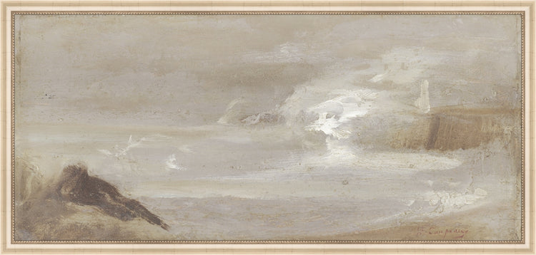 Framed Antique Seascape. Frame: Ivory Beaded. Paper: Rag Paper. Art Size: 14x31. Final Size: 15'' X 32''