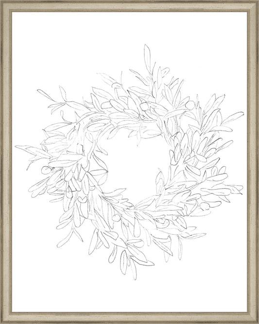 Framed OLIVE WREATH. Frame: Traditional Silver. Paper: Rag Paper. Art Size: 19x15. Final Size: 20'' X 16''