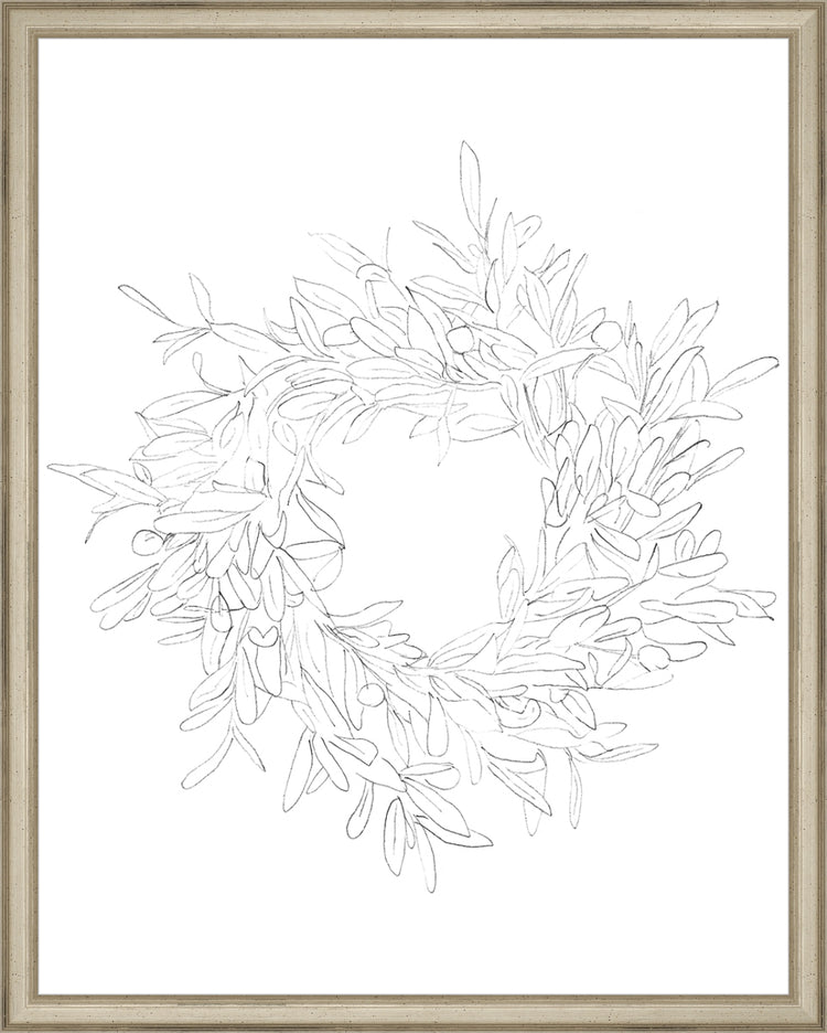 Framed OLIVE WREATH. Frame: Traditional Silver. Paper: Rag Paper. Art Size: 19x15. Final Size: 20'' X 16''