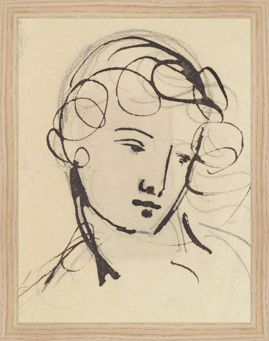 Framed Sketch of a Lady. Frame: Natural Oak. Paper: Rag Paper. Art Size: 13x10. Final Size: 14'' X 11''