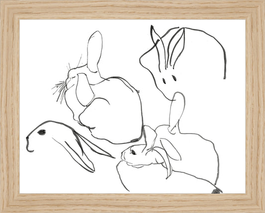 Framed Rabbits. Frame: Natural Oak. Paper: Rag Paper. Art Size: 7x9. Final Size: 8'' X 10''
