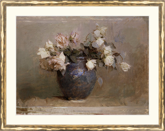 Framed Vase of Roses. Frame: Gold Textured. Paper: Smooth Paper. Art Size: 9x12. Final Size: 11'' X 14''